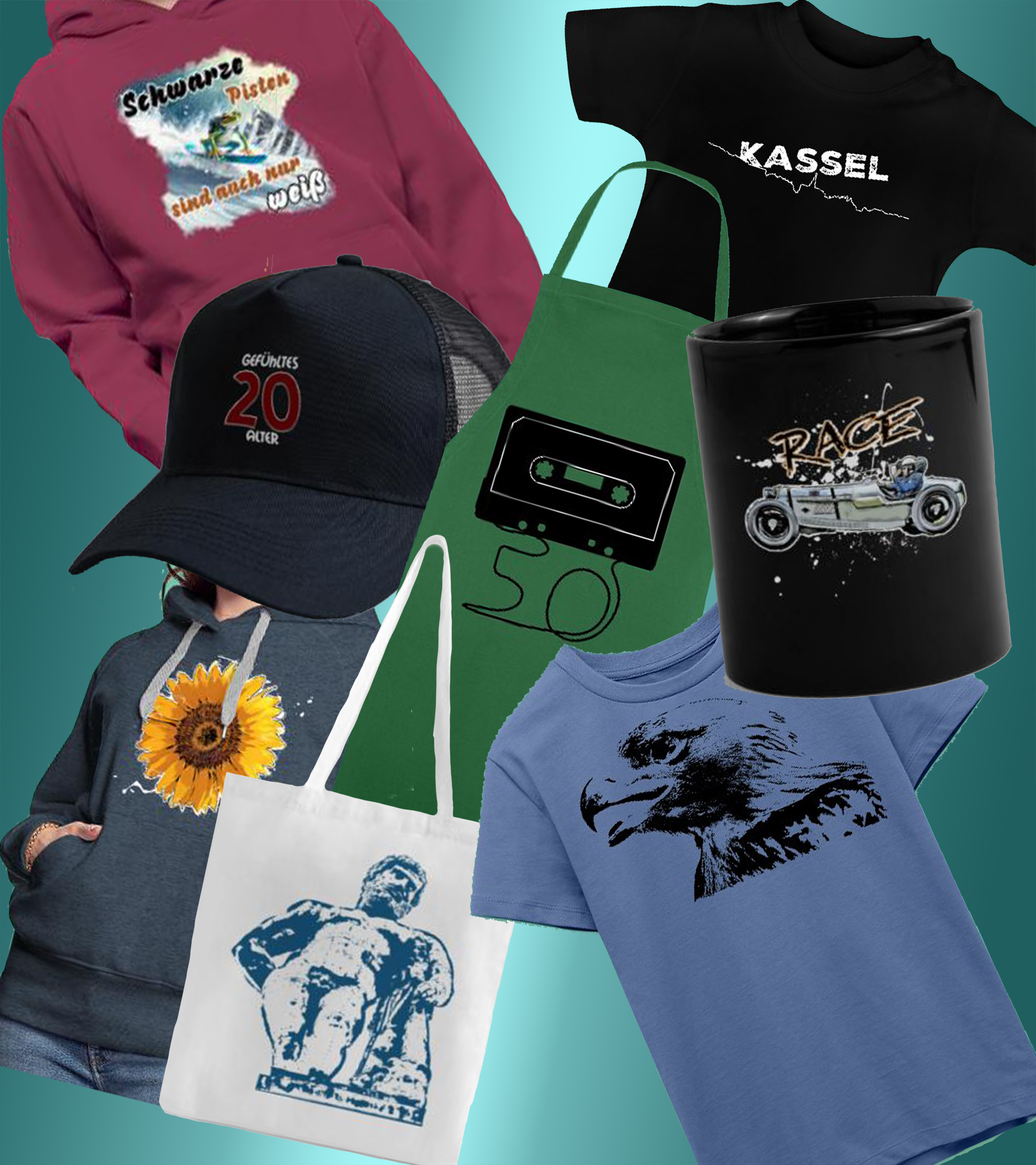 Stylische T-Shirts, Tassen, Kochschüzen, Caps mit coolen Motiven